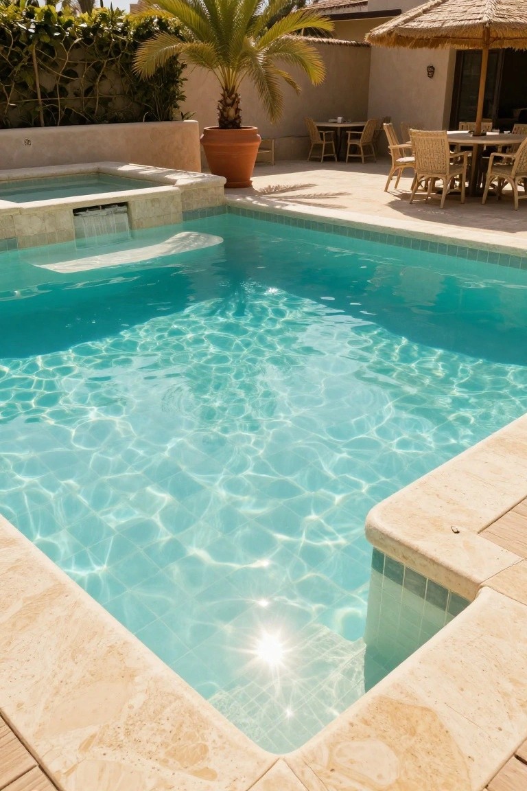 Turquoise-tiled pool with spillover spa and travertine coping and decking, adjacent to outdoor dining table under thatched umbrella, palm trees, and potted plants.
