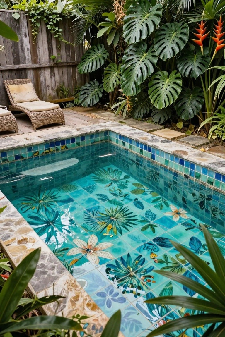 Small rectangular pool with turquoise mosaic tiles patterned in tropical leaves and flowers, surrounded by lush green plants including monstera, with two wicker lounge chairs on a stone patio.
