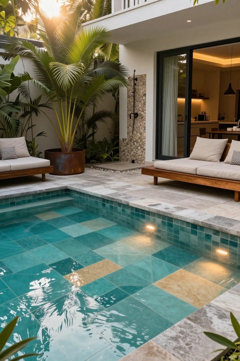Small rectangular pool with turquoise and beige mosaic tiles surrounded by tropical plants, wooden daybeds on a stone patio, and a modern white house with open sliding glass doors.