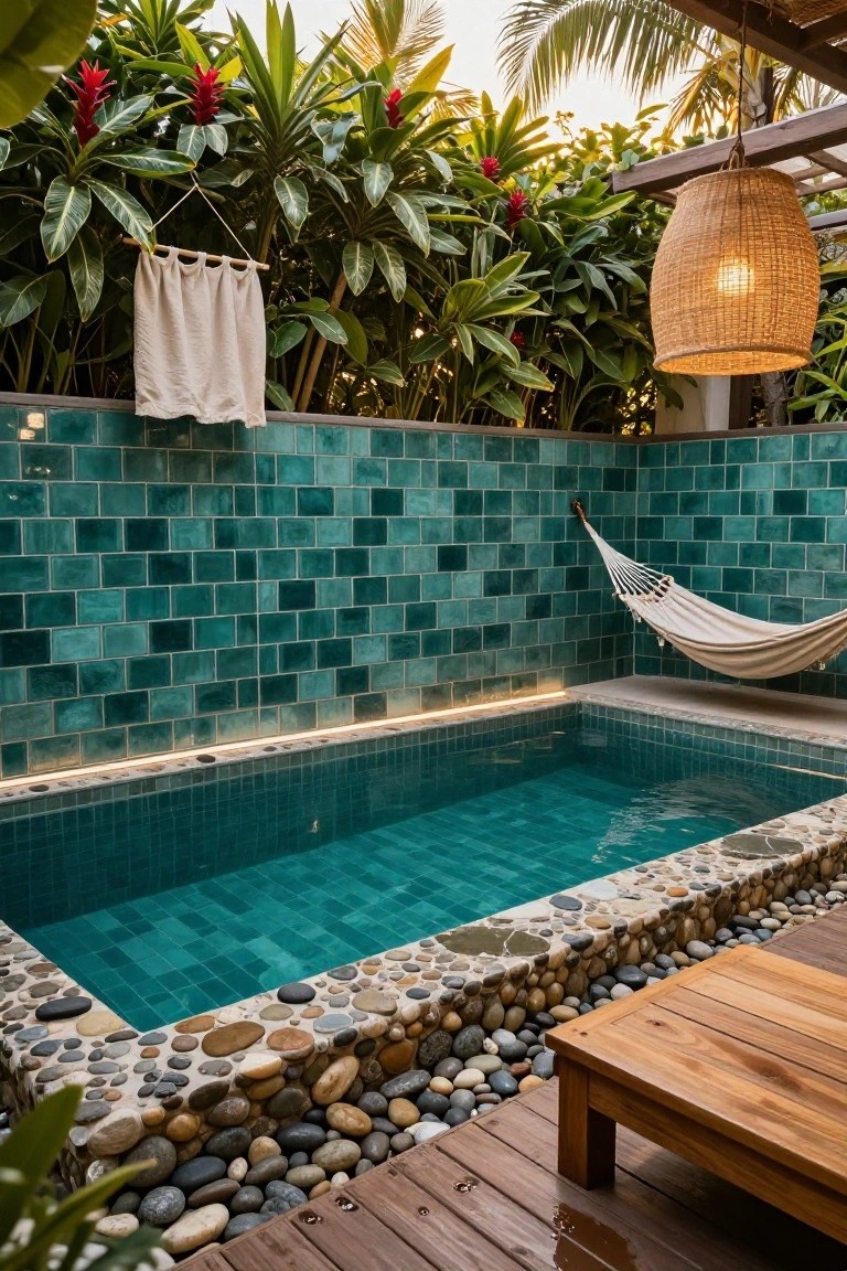 Small rectangular plunge pool with turquoise mosaic tiles on walls and floor, surrounded by lush tropical plants, teal-tiled wall, white hammock, rattan lantern, and wooden bench on deck with pebble edging.