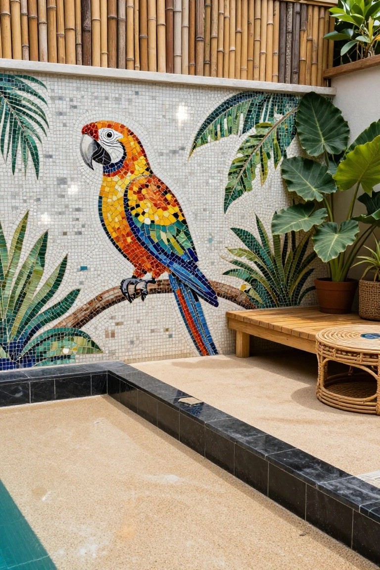 Outdoor poolside area with a large colorful mosaic tile mural of an orange and blue parrot on a white tiled wall, surrounded by green palm leaf tiles, bamboo fencing, potted tropical plants, a wooden bench, and a rattan table.