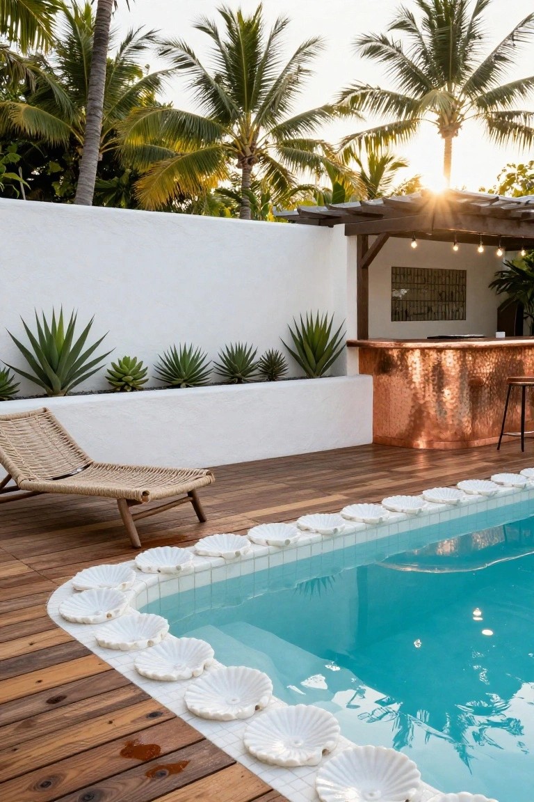 Pool edged with white scallop shell tiles on white grout, surrounded by wooden decking, a rattan lounge chair, copper bar counter, agave plants along white walls, and palm trees in a tropical outdoor setting.