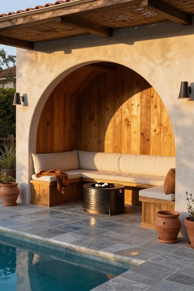 Arched outdoor gazebo with wooden interior walls and curved built-in beige bench seating around a central metal fire pit, positioned next to a pool on slate tile patio with potted plants and wall lights.