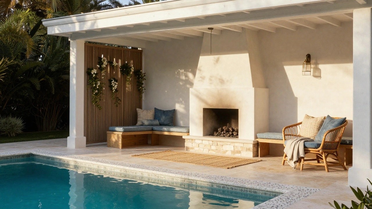 Outdoor poolside lounge under wooden pergola with lit stucco fireplace, built-in cushioned benches, rattan armchairs, bamboo screens, hanging plants, and tropical landscaping next to a rectangular pool.