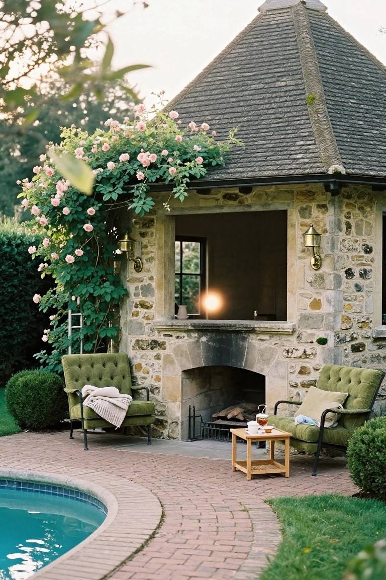 Open stone gazebo with fireplace, two green armchairs on a small wooden table with teapot and cups, adjacent to a curved pool with brick edging, climbing pink roses on one side and shrubs nearby.