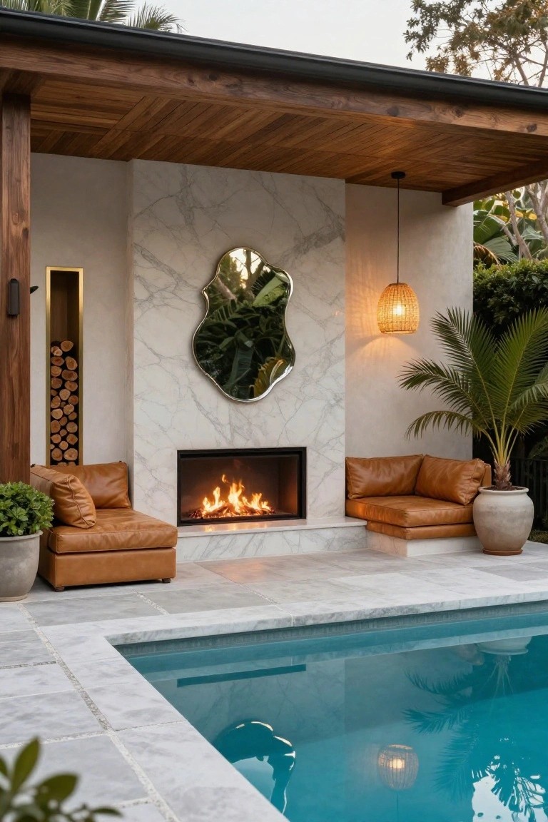 Covered outdoor lounge with marble fireplace, tan leather L-shaped sofa, large irregular mirror, wood storage niche, potted plants, hanging lantern, and edge of turquoise pool on light gray tiled patio.