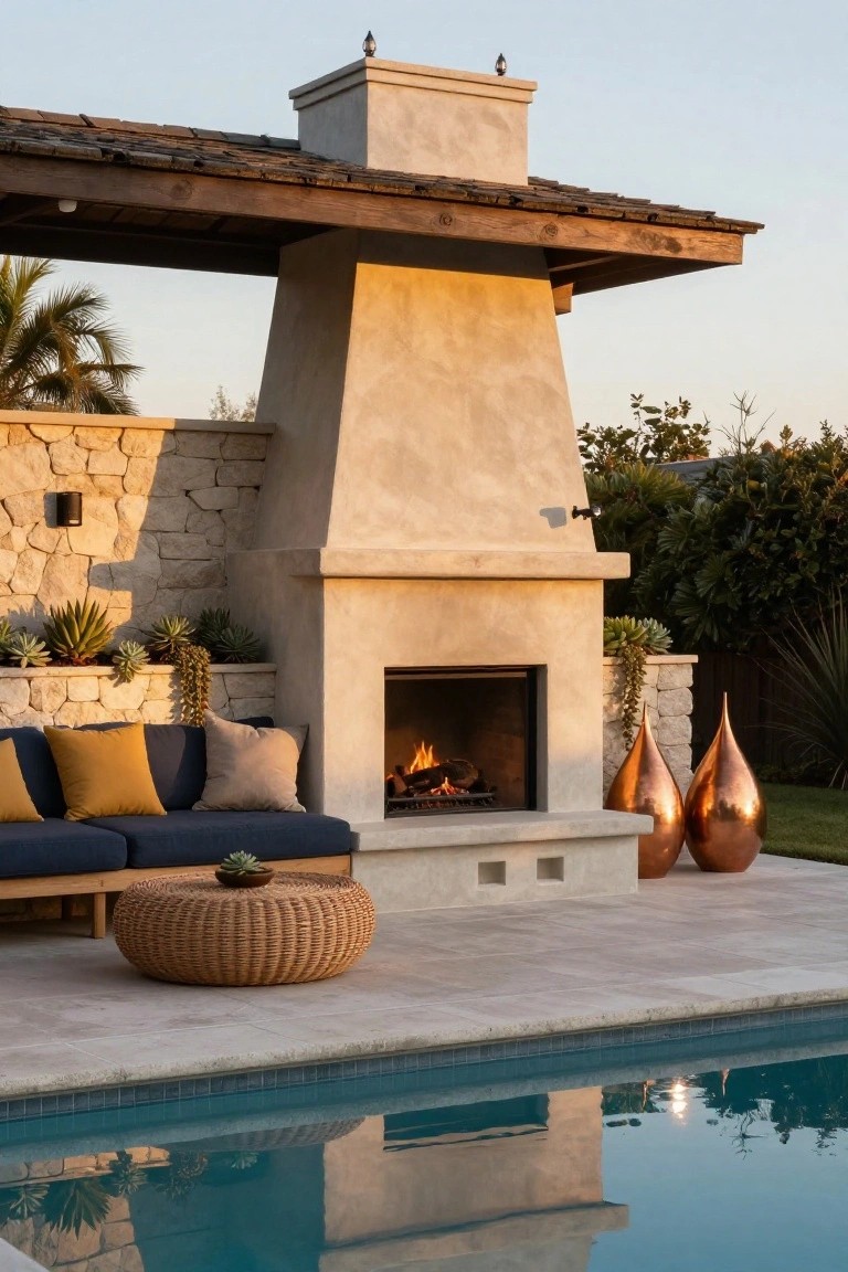Tall beige stucco outdoor fireplace with burning logs under a wooden pergola, beside a turquoise pool with navy L-shaped sofa, yellow and beige pillows, rattan ottoman holding a succulent, two copper drop-shaped vases, and stone wall planters with agave plants.