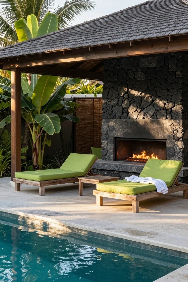 Green cushioned wooden lounge chairs and side table positioned beside a lit linear fireplace in a black stone wall under a wooden gazebo roof next to a turquoise pool with tropical plants.