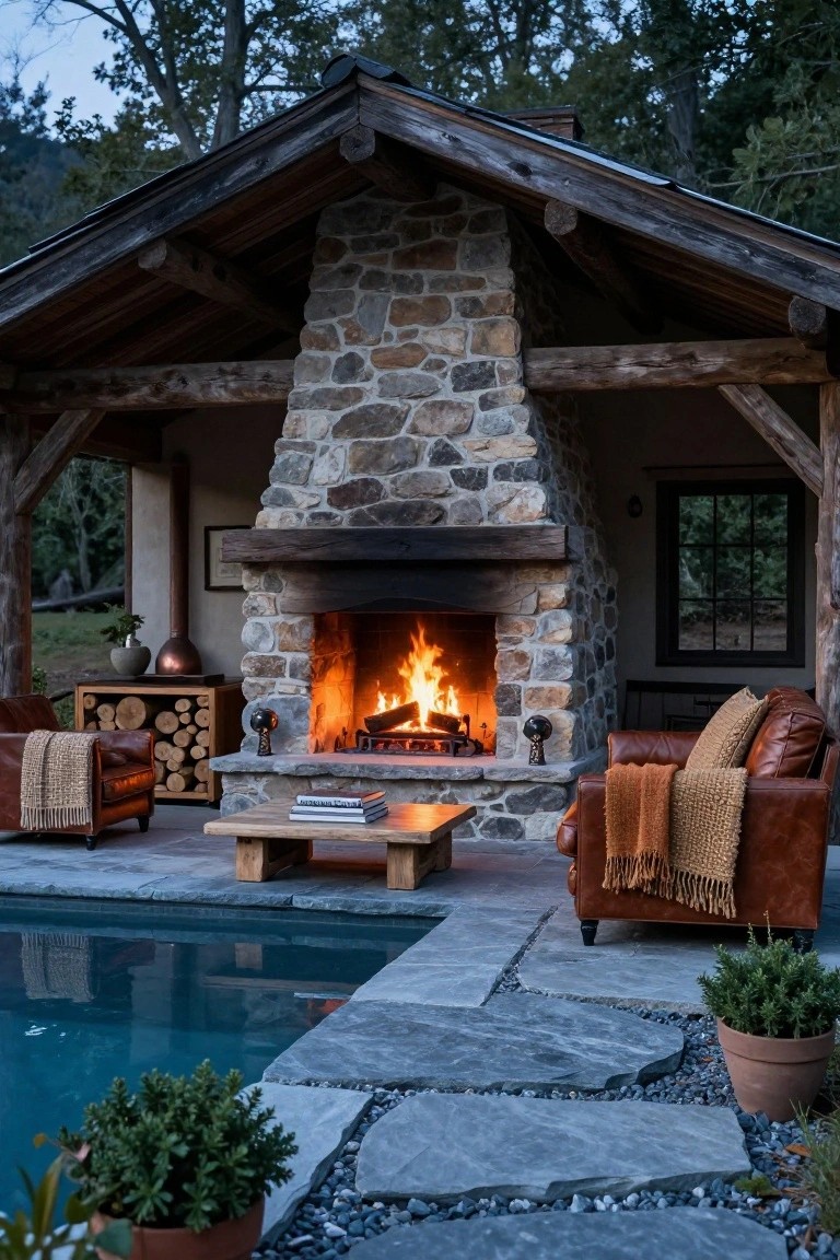 Outdoor open-sided gazebo with tall stacked stone fireplace next to a rectangular swimming pool, two brown leather armchairs on a slate stone patio surrounding a low wooden coffee table.