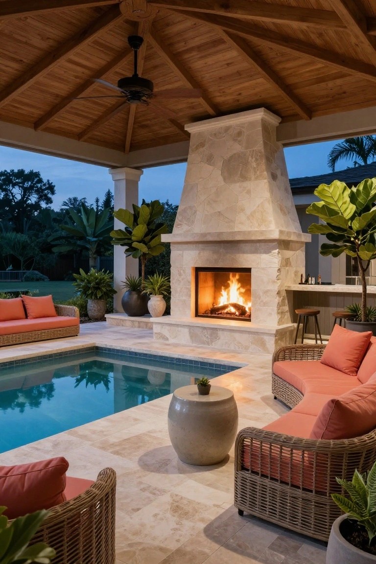 Covered wooden gazebo with a tall stone fireplace, orange wicker sofas and chairs, potted plants, a small bar counter, and an adjacent turquoise pool surrounded by greenery at dusk.