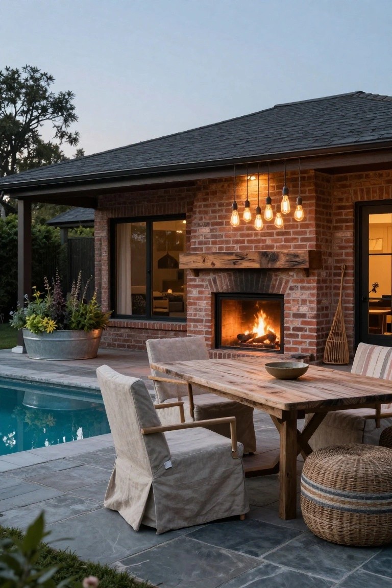 Outdoor stone patio beside a swimming pool with a lit brick fireplace built into the house wall, wooden dining table with white slipcovered chairs, pendant lights, potted plants in a metal tub, and a woven broom nearby.