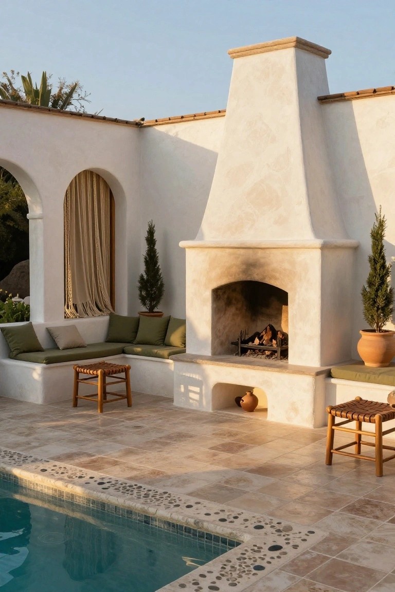 White stucco outdoor fireplace built into a wall beside a pool, with green cushioned bench seating, wooden stools, potted plants, and terracotta tile decking.