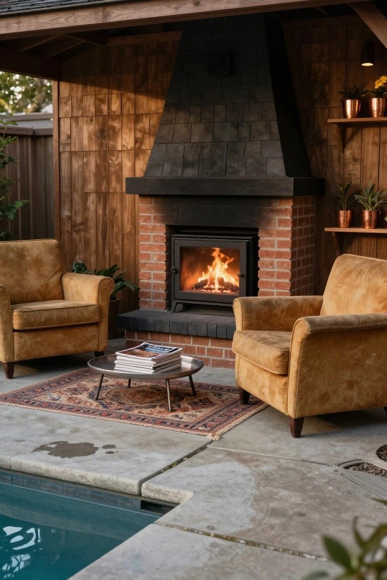 Outdoor covered wooden gazebo with brick fireplace burning wood, two tan leather armchairs around a metal coffee table on a patterned rug, next to a turquoise pool edge.