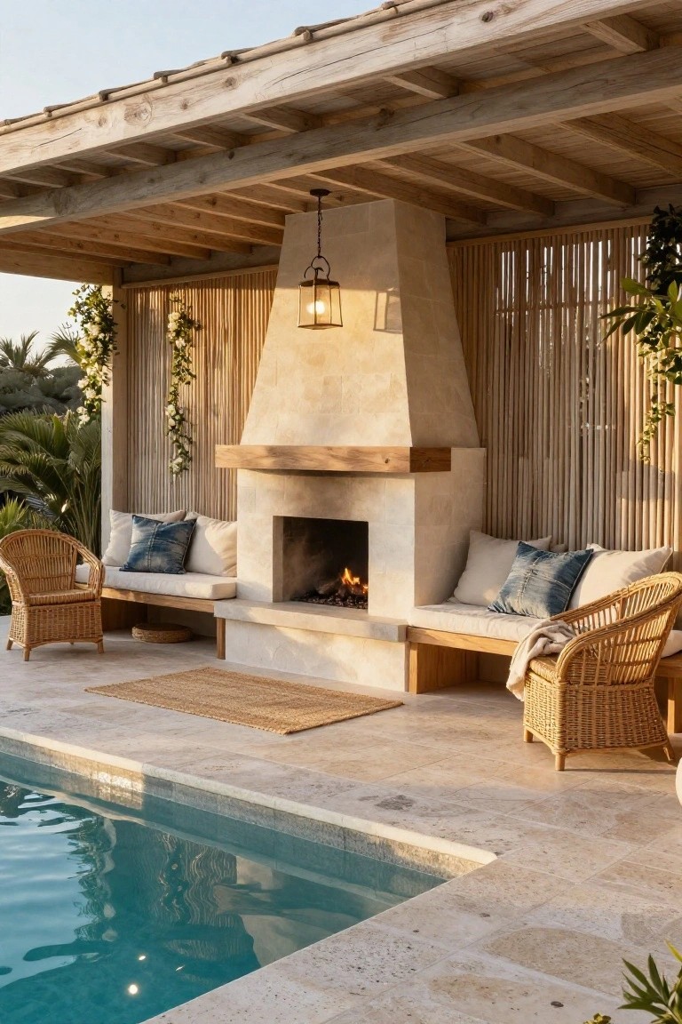 Outdoor poolside lounge under wooden pergola with lit stucco fireplace, built-in cushioned benches, rattan armchairs, bamboo screens, hanging plants, and tropical landscaping next to a rectangular pool.