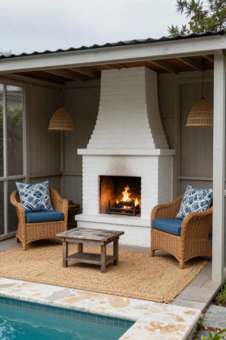 Open-air gazebo with tall white brick fireplace containing a fire, flanked by two rattan armchairs with blue patterned cushions and solid blue seats, wooden coffee table, seagrass rug, next to turquoise pool with stone coping.