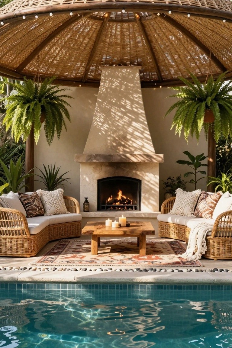 Thatched-roof outdoor gazebo with beige stone fireplace, two rattan sofas with patterned cushions, wooden coffee table holding candles, potted ferns and plants, and turquoise pool in foreground.