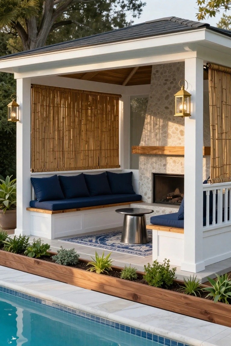 White open gazebo beside a pool featuring bamboo screens, navy cushioned benches, stone fireplace with fire, metal side table, blue rug, and surrounding plants in wooden planters.
