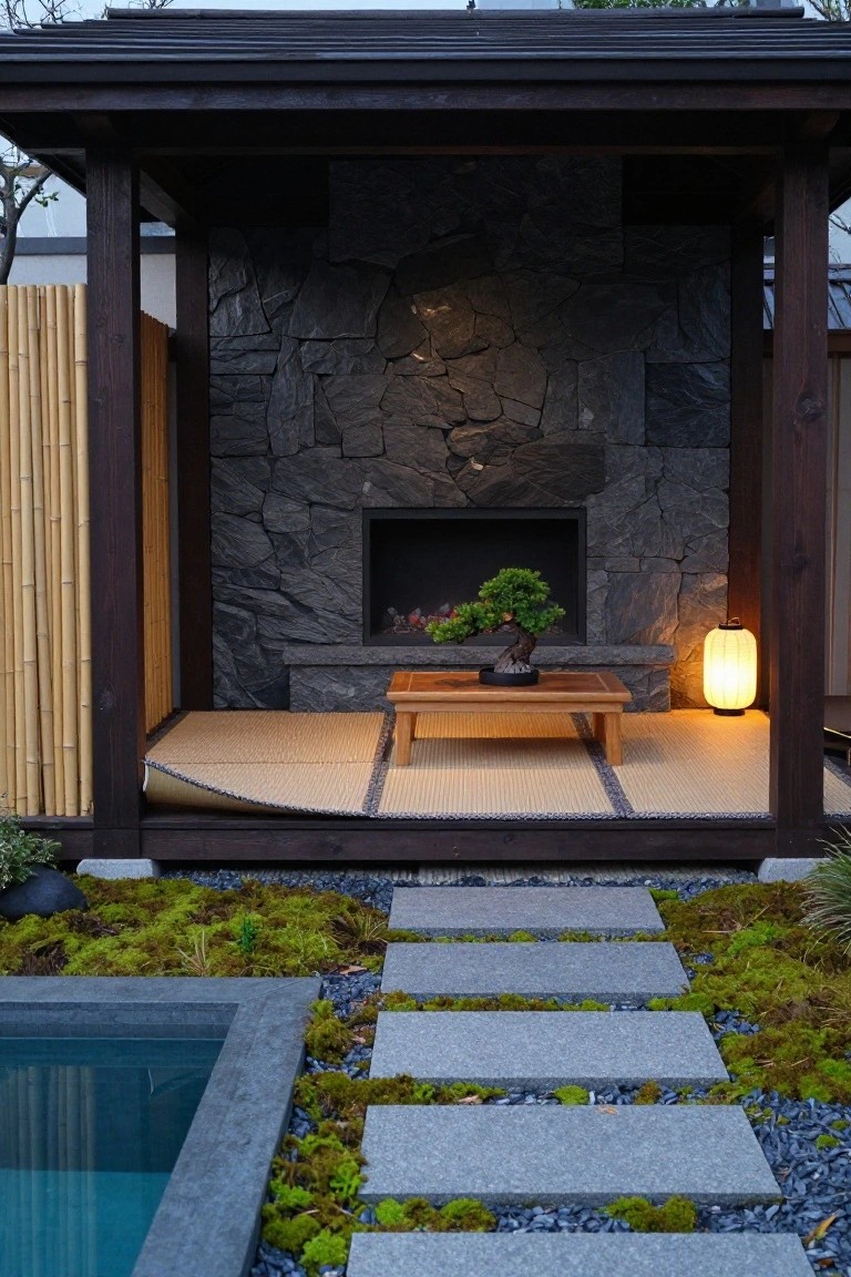 Wooden gazebo with central dark stone fireplace, bonsai tree on low wooden table, tatami mats on floor, paper lantern, stone path leading to rectangular blue pool edged in moss and gravel.