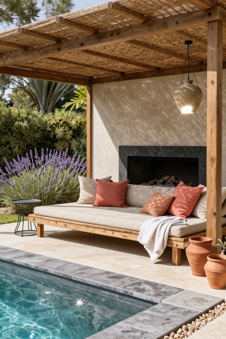 Outdoor daybed sofa with beige cushions, orange pillows, and white throw facing a lit stone fireplace under a thatched wood pergola beside a rectangular pool, with lavender plants, terracotta pots, and greenery in the background.