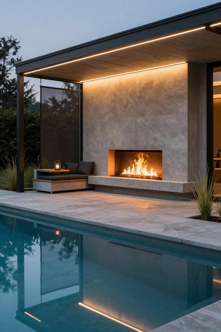 Outdoor covered lounge area with built-in linear gas fireplace in textured concrete wall, low bench seating with cushions and lantern, potted grasses, and adjacent rectangular swimming pool at dusk with LED lighting.