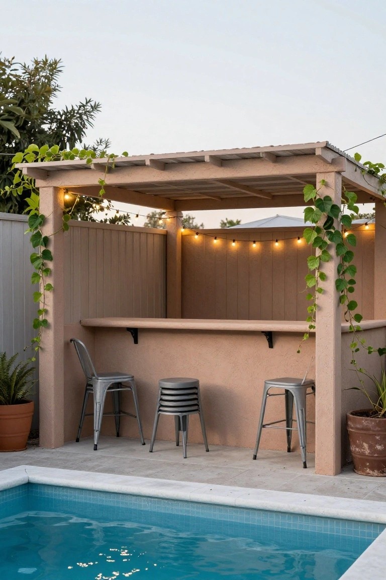 Beige stucco bar counter with metal stools and stacked stools under a vine-covered wooden pergola with string lights, positioned next to a blue-tiled inground pool and surrounded by potted plants.