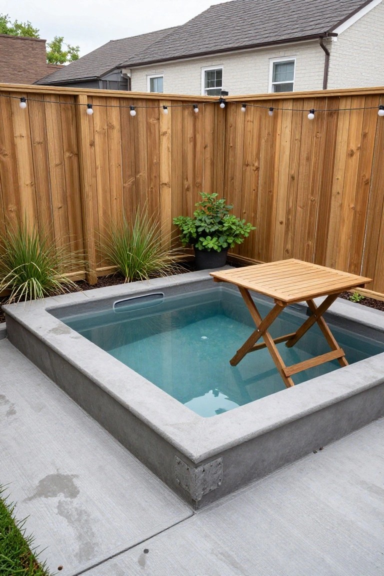 A small square inground pool with turquoise water in a gray concrete surround, positioned in a backyard patio next to a wooden privacy fence strung with lights, with potted plants and a folding wooden table beside it.