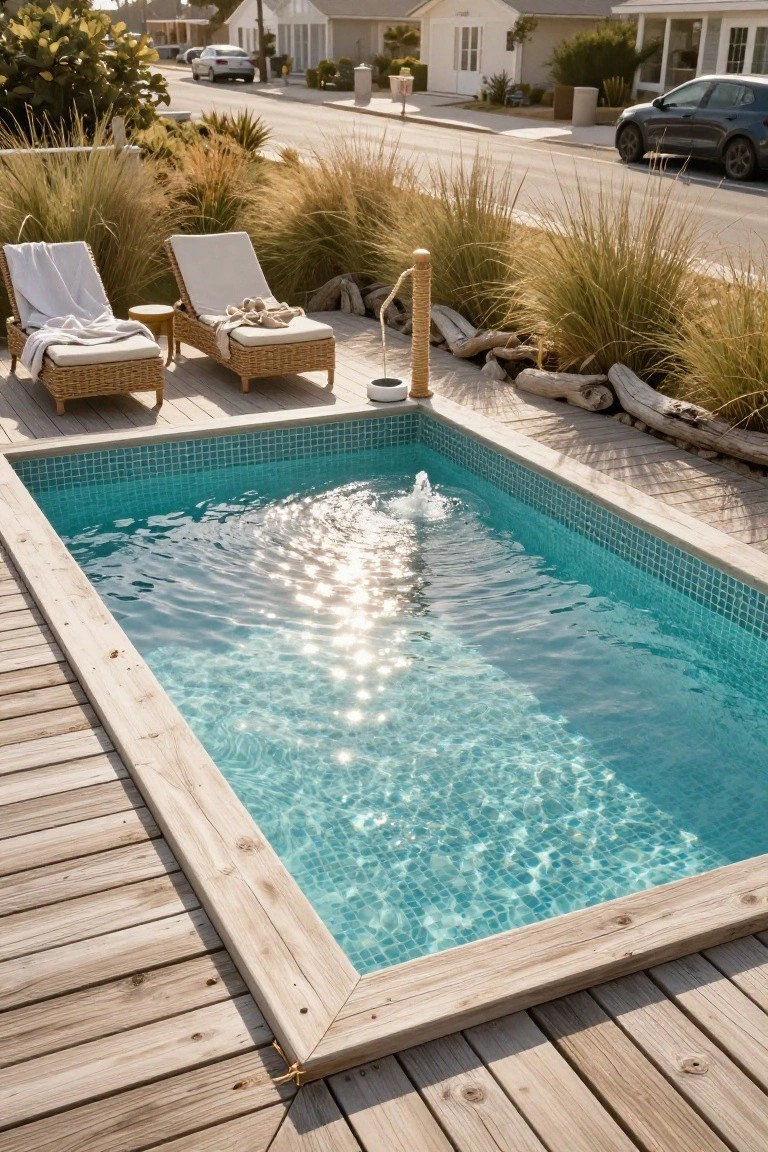 Small rectangular inground pool with turquoise mosaic tiles and a bubbling fountain, surrounded by wooden decking, two wicker lounge chairs with towels, pampas grass, driftwood, and a yellow buoy post in a coastal backyard setting.