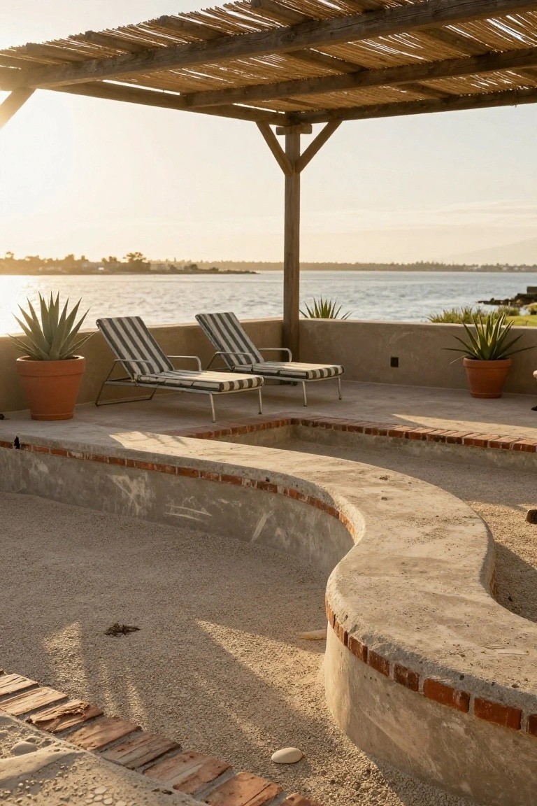 Curved stucco inground pool with brick edging on a sandy terrace, two striped lounge chairs under a thatched roof palapa, agave plants in terracotta pots, overlooking a body of water at sunset.