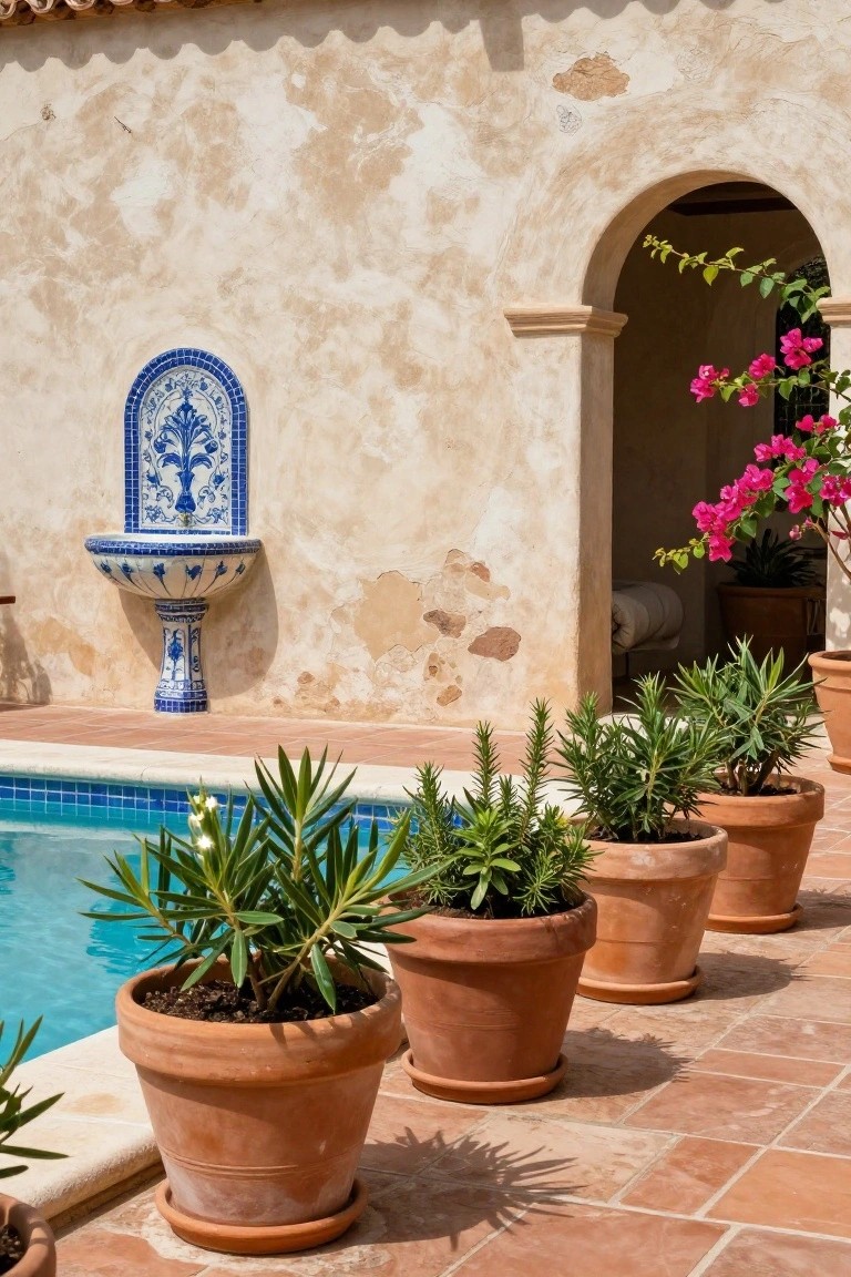 Inground pool with edge lined by large terracotta pots of spiky plants, adjacent to rustic stucco wall featuring blue tiled fountain, arched doorway, and pink bougainvillea.
