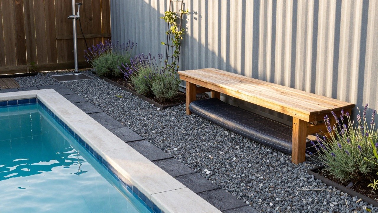 Inground pool with light beige travertine coping edged by lavender plants and gravel mulch, wooden bench along the side with blue solar pool cover rolled and stored underneath, next to a tall corrugated metal fence.