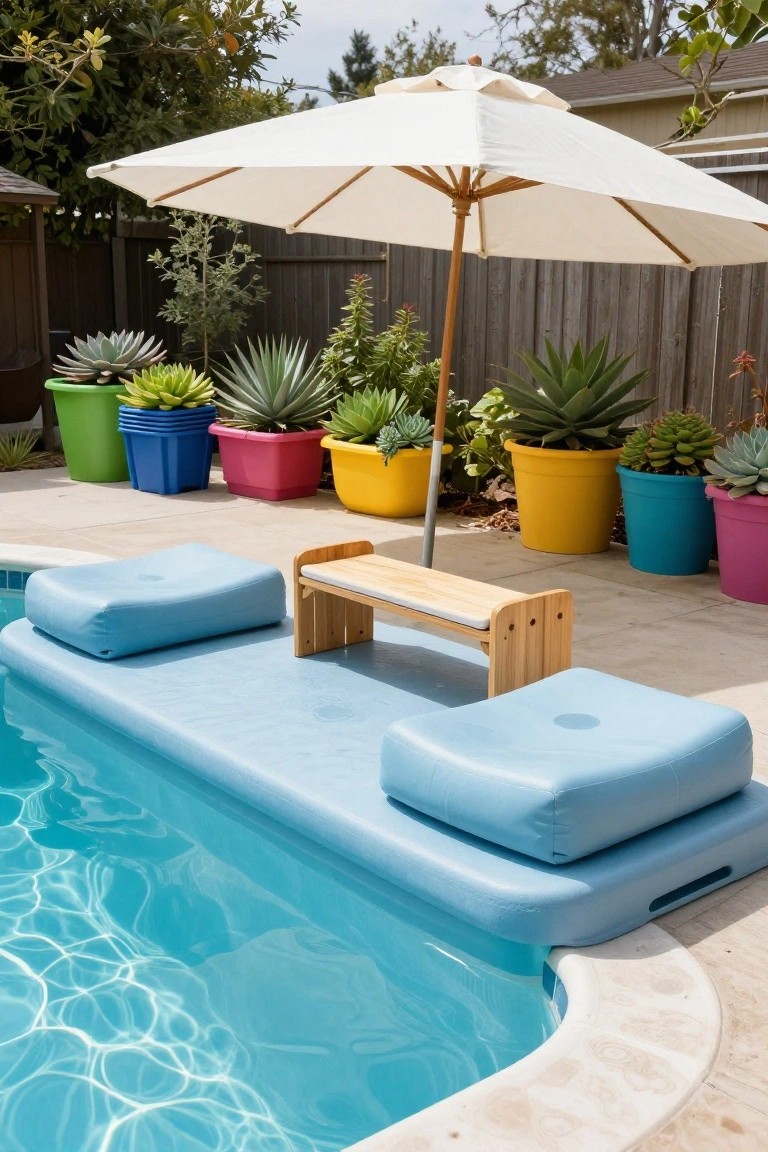 Blue floating platform in an inground pool holding a wooden bench between two blue cushions, with colorful potted succulents and a white umbrella nearby.