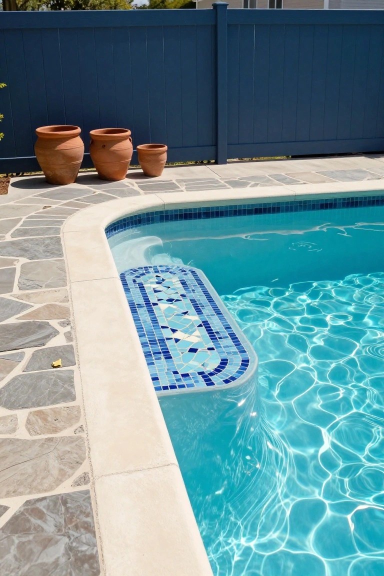 Inground pool with curved white edge and blue mosaic tiled steps leading into clear turquoise water, gray stone pavers around the deck, terracotta pots, and blue wood fence in the background.