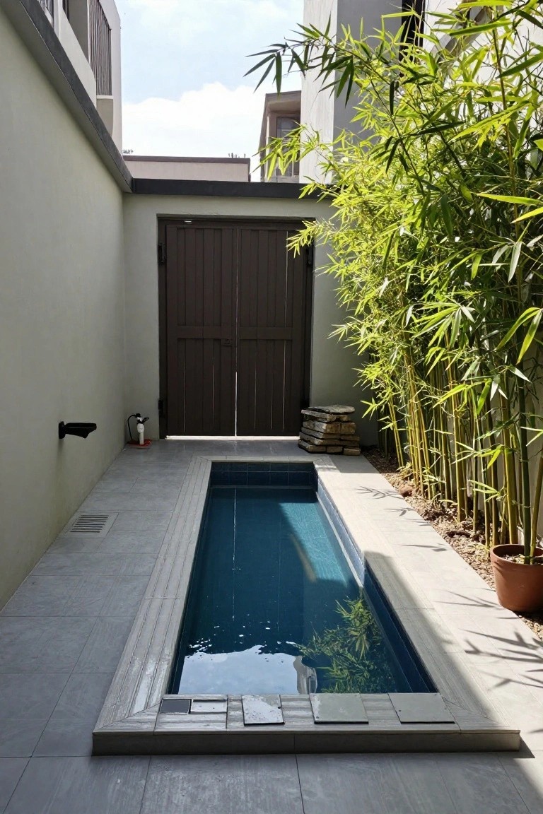 Narrow rectangular inground pool in a paved courtyard enclosed by light gray walls, with tall green bamboo plants along one side, a brown wooden double door on the opposite wall, and a wall-mounted hose bracket nearby.