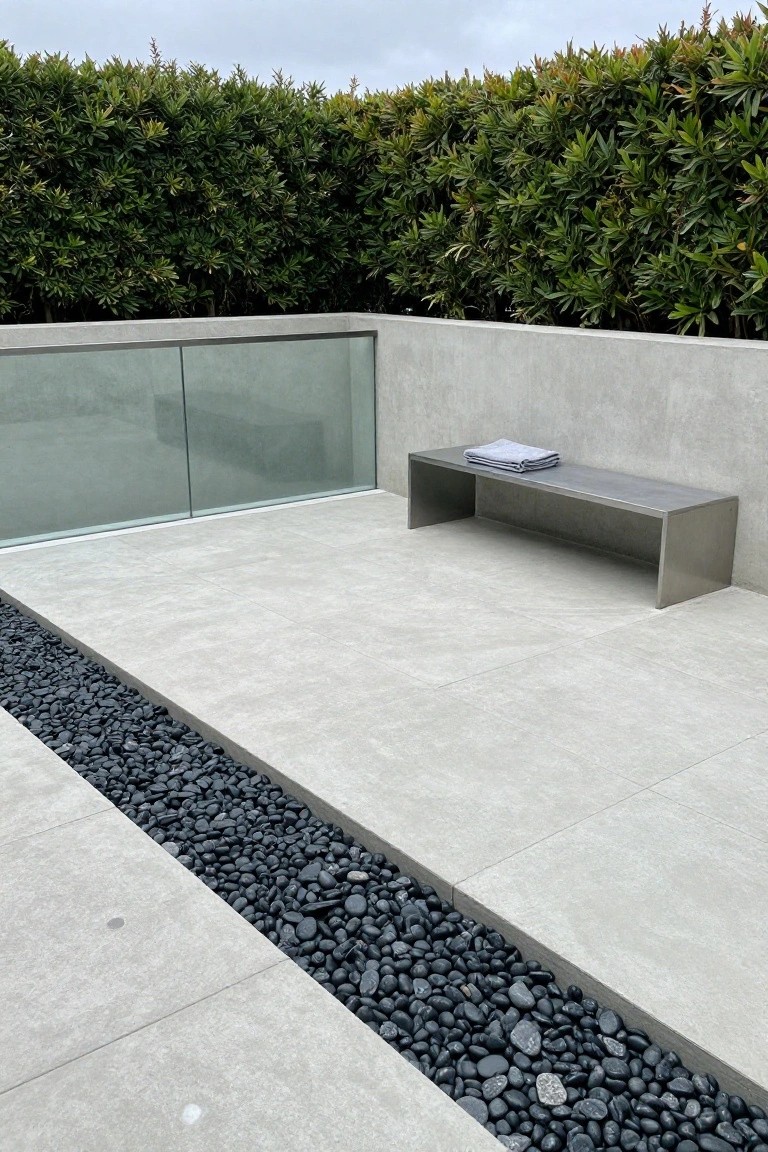 Concrete terrace with stainless steel bench holding a folded towel, edged by a linear strip of black pebbles, backed by a concrete wall with glass panel and tall green hedge.