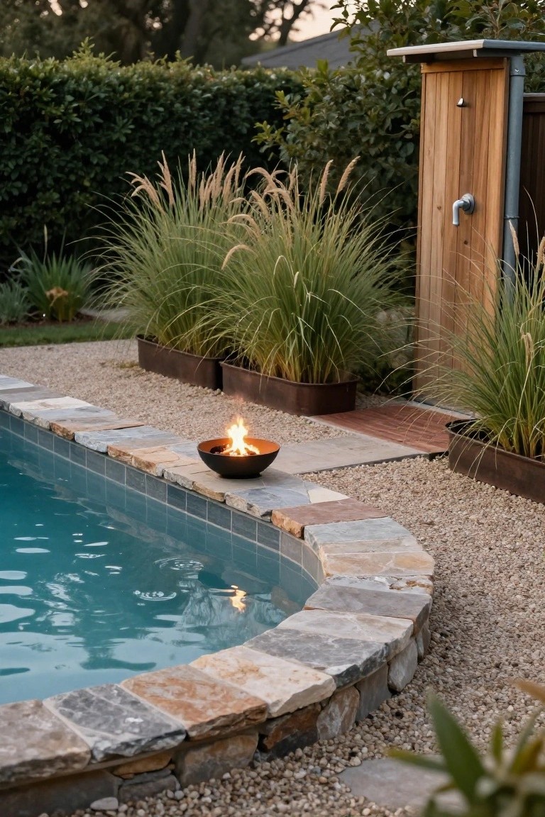 Turquoise tiled inground pool with stacked stone edge holding a lit black fire bowl, surrounded by gravel, metal planters of pampas grass, and a wooden outdoor shower structure.