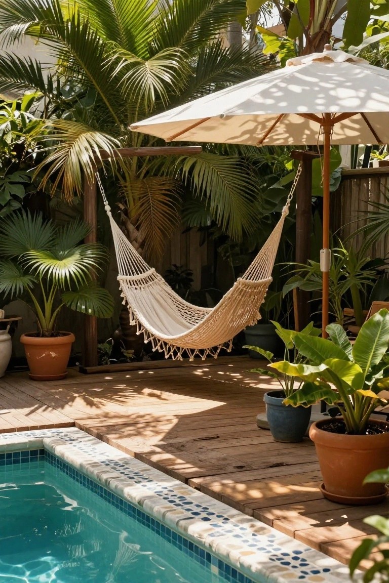 Wooden deck beside a turquoise inground pool with blue mosaic tile edge, white woven hammock hanging from posts, tropical plants in terracotta pots, and beige market umbrella providing shade.