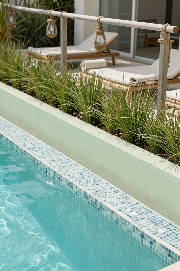 Close-up view of a turquoise inground pool with blue and green mosaic tile waterline edging, adjacent raised white planter box filled with tall wavy green grasses, wooden lounge chairs with white towels in the background, and rope-hung lanterns on a wooden railing.