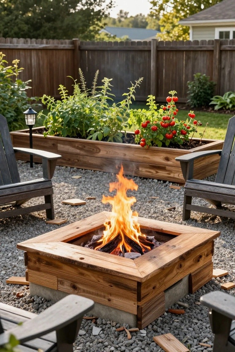 Square wooden fire pit on gravel patio surrounded by Adirondack chairs, raised garden bed with tomato plants and herbs, wooden fence, and landscaping in backyard.