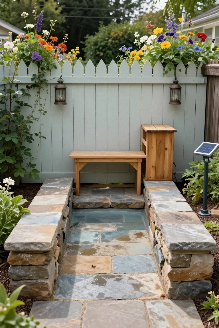 Small inground pool with blue tiled floor surrounded by stacked natural stone walls, wooden bench and small shelf table adjacent to the pool, white picket fence with lanterns and plants in the background.