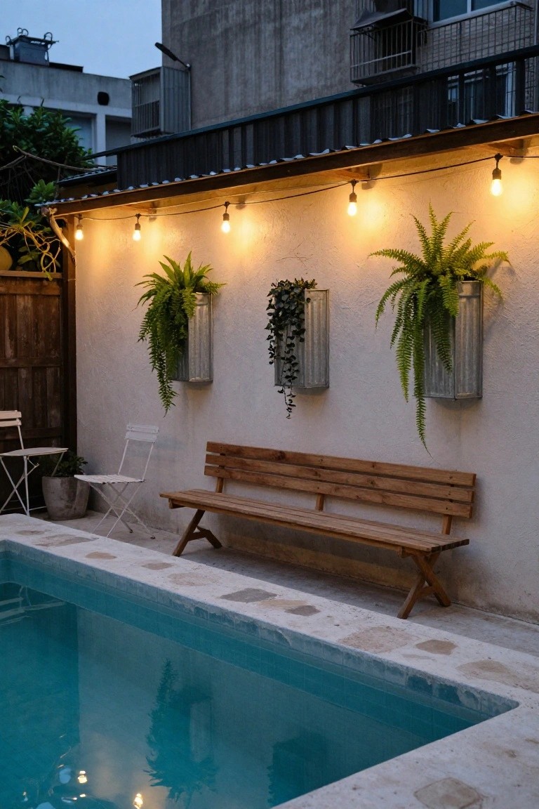 Wooden bench against white wall next to turquoise inground pool, with string lights overhead, hanging ferns in metal containers, and white folding chairs nearby.