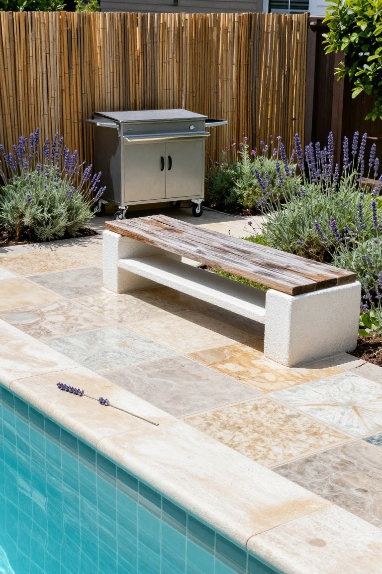 Inground pool with tiled edge and a rustic wooden bench on white concrete base nearby, lavender plants, barbecue grill, and bamboo fence in outdoor setting.