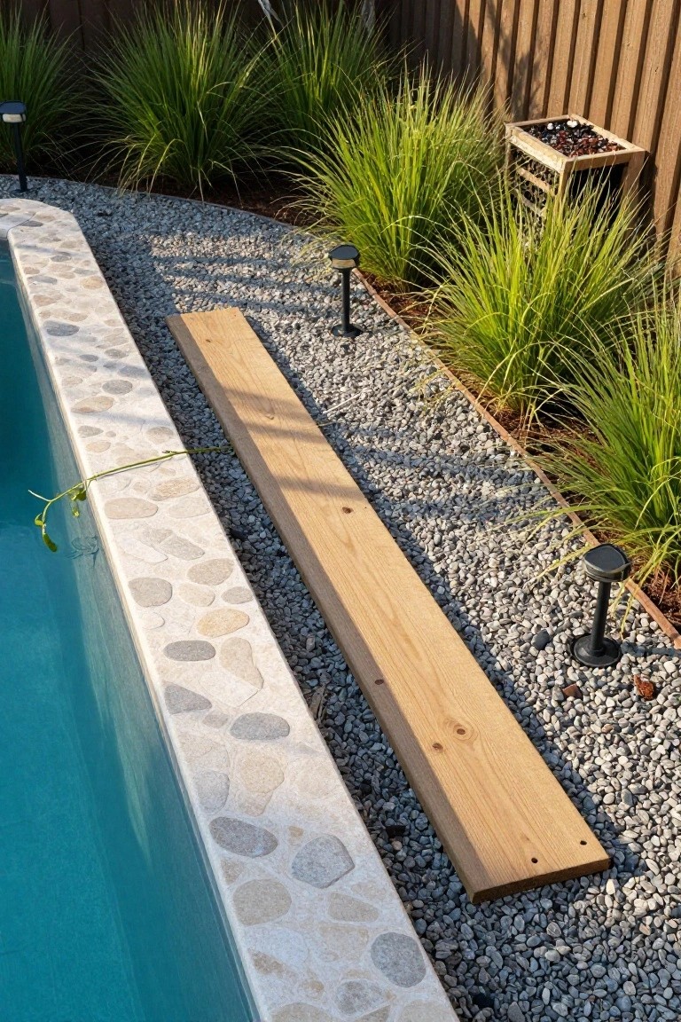 Close view of an inground pool edge with pebble coping, a long unfinished wooden board laid parallel on gravel surround, tall ornamental grasses, solar stake lights, and a wooden box fire pit nearby.