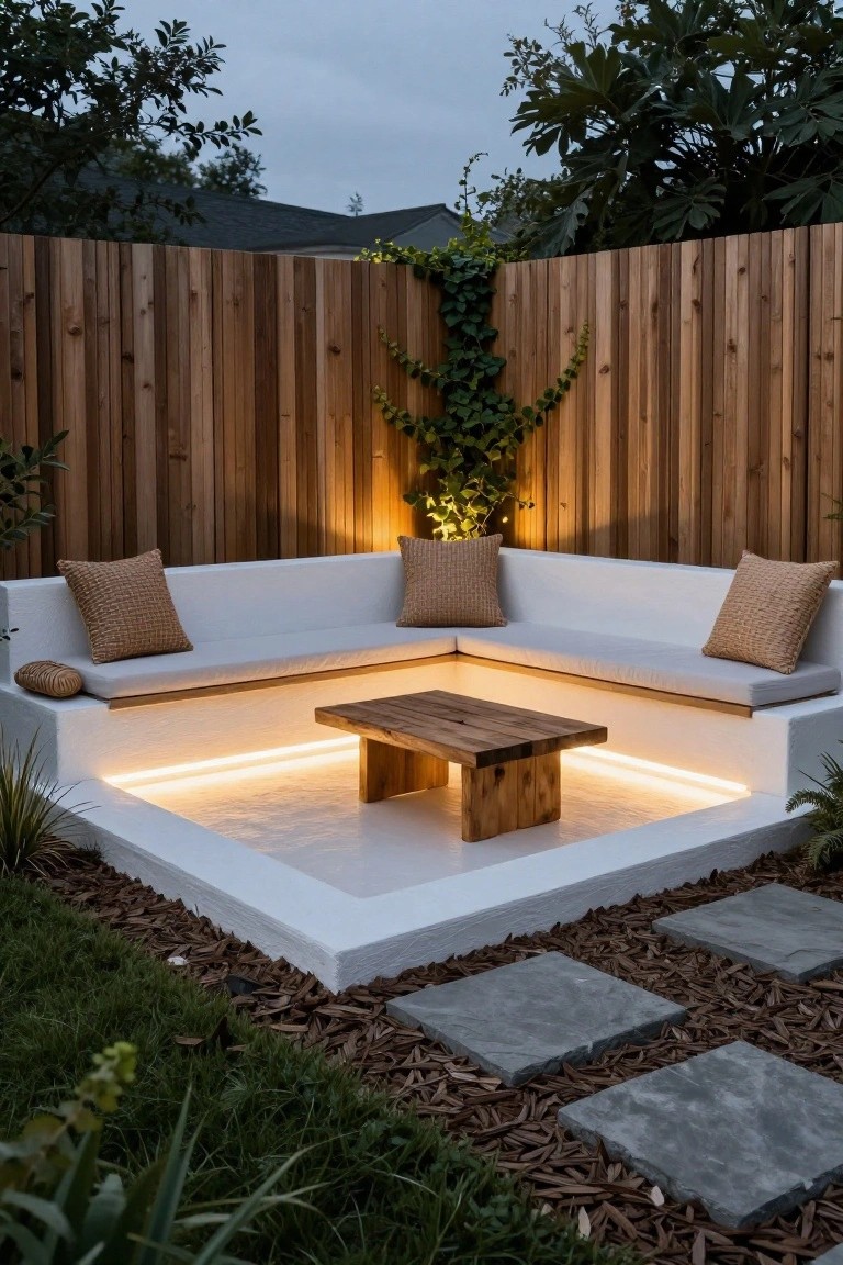 Corner sunken outdoor lounge area featuring L-shaped white built-in benches with beige cushions around a rectangular wooden coffee table, LED strip lighting under the edges, surrounded by wooden privacy fence, plants, stone pavers, and mulch.