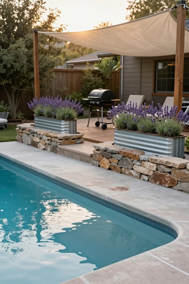 Inground pool with light blue water and tiled edge, adjacent pool deck featuring stacked stone walls topped by two large galvanized metal trough planters filled with lavender plants, black grill and lounge chairs nearby under a white fabric shade sail supported by wooden posts.
