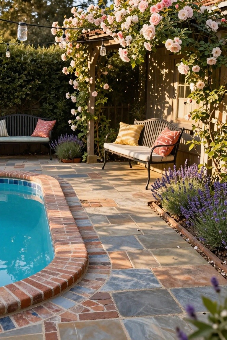 Inground pool with red brick coping edged by irregular stone pavers, two cushioned benches under a wooden arbor draped in pink climbing roses, lavender plants nearby, and string lights overhead.