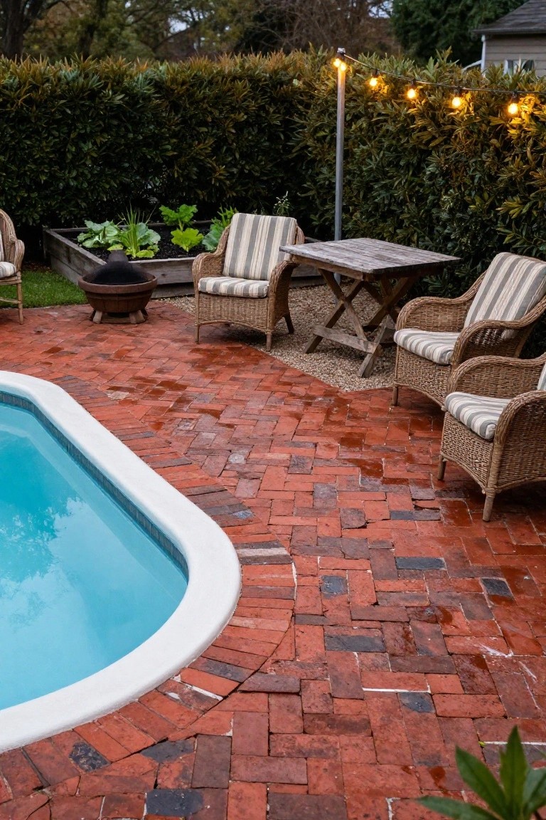 Red brick paver deck surrounding a curved inground pool, with wicker chairs, small wooden table, fire bowl, raised garden bed, hedges, and string lights in a backyard setting.