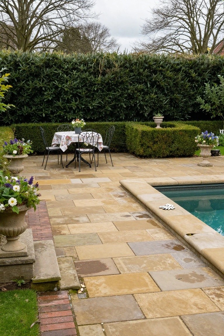 Beige rectangular stone pavers form a pool deck with integrated coping, a small round table and four chairs on one side, tall green hedges in the background, potted flowers, and a narrow inground pool with green water.