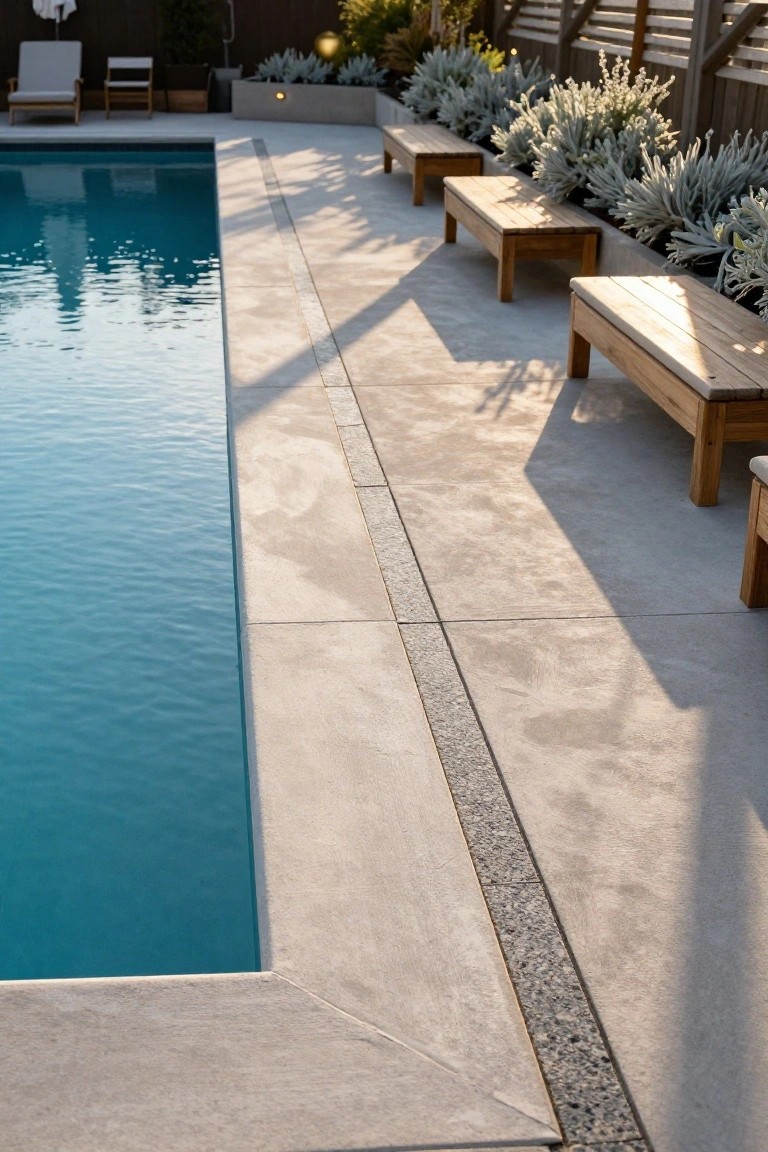 Inground pool with smooth light gray concrete decking edged by a pebble-filled trench, turquoise water, wooden benches nearby, and silver-leafed shrubs against a wooden fence.