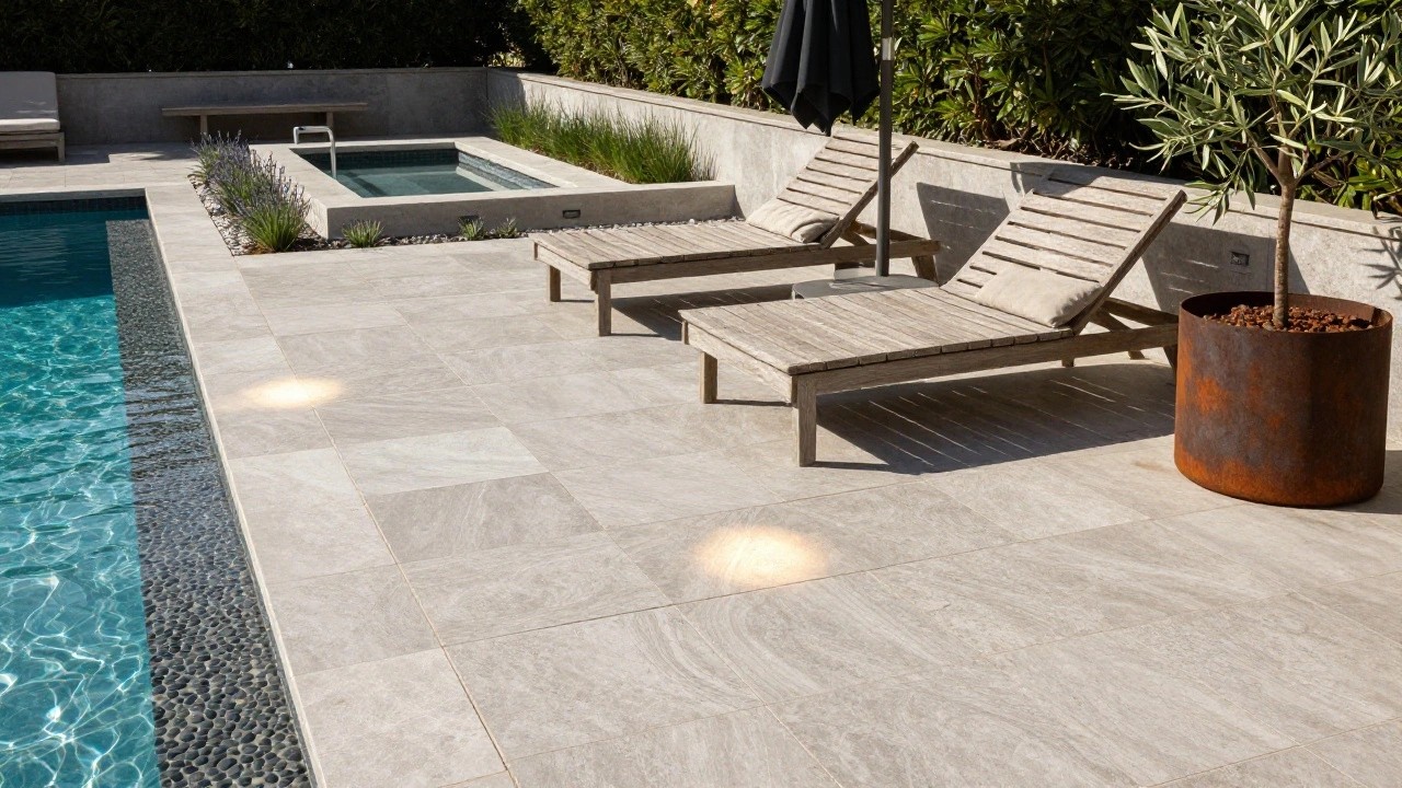 Light gray paver pool deck bordering a rectangular blue inground pool, with wooden chaise lounges, black umbrella, rust planter with olive tree, and greenery backdrop.