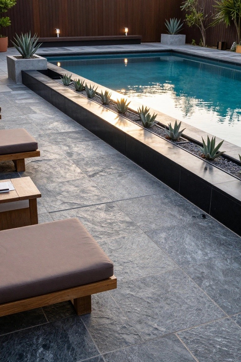 Inground swimming pool with turquoise water edged in black, surrounded by gray stone pavers, multiple agave plants in concrete planters along the poolside, wooden lounge chairs and side table on the deck, wooden fence and additional plants in the background.